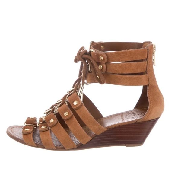 Tory Burch Gladiator Brown Sandal Gold 6 1/2 M Leather Wedge Ankle Strap Boho - Picture 14 of 14